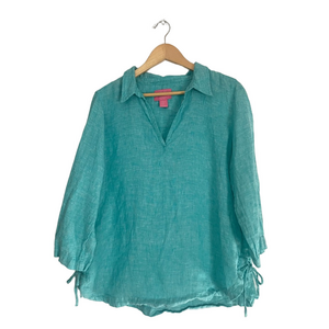 Isaac Mizrahi New York Linen Turquoise V-Neck Pullover shirt  blouse 3/4 sleeve